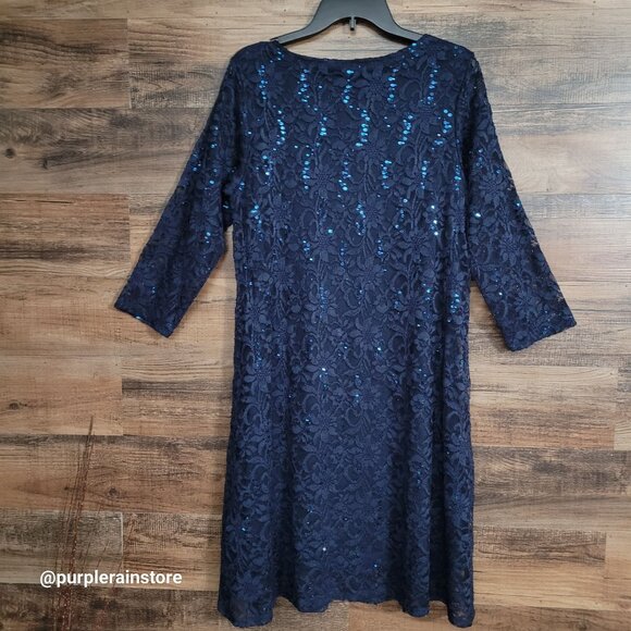 Tiana B Sequins Floral Lace Midi Dress 16 W Navy Dark Coquette Ethereal - Picture 4 of 11